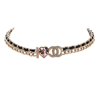 Chanel I Heart CC Choker Necklace Metal and Leather with Crystal and Faux Pearls