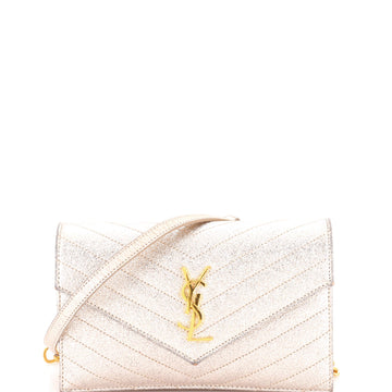 Saint Laurent Classic Monogram Wallet on Chain Matelasse Chevron Metallic Leather Small