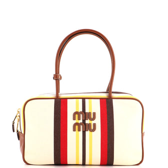 Miu Miu Beau Top Handle Bag Striped Canvas with Leather Large