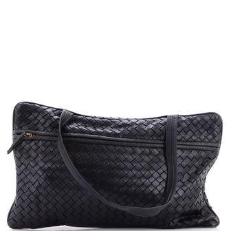 Bottega Veneta Front Zip Flat Shoulder Bag Intrecciato Leather Medium