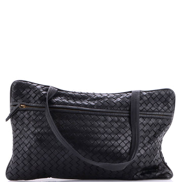Bottega Veneta Front Zip Flat Shoulder Bag Intrecciato Leather Medium