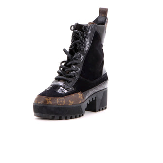 Louis Vuitton Women's Laureate Platform Desert Boots Suede with Monogram Canvas and Crocodile Embossed Patent
