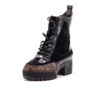 Louis Vuitton Women's Laureate Platform Desert Boots Suede with Monogram Canvas and Crocodile Embossed Patent