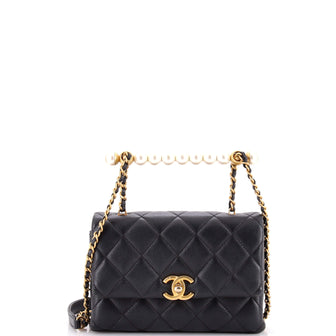 Chanel Chic Pearls Handle Flap Bag Quilted Shiny Lambskin Mini