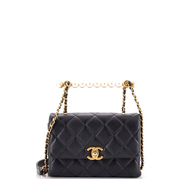 Chanel Chic Pearls Handle Flap Bag Quilted Shiny Lambskin Mini