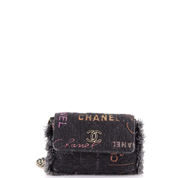 Chanel Denim Mood Flap Clutch with Chain Logo Printed Quilted Fringe Denim