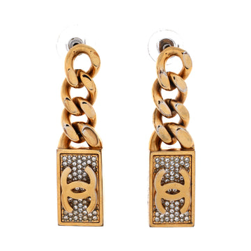 Chanel CC Dog Tag Charm Drop Earrings Metal with Crystals