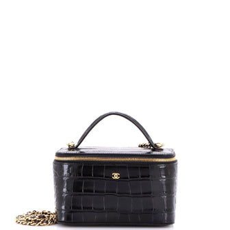 Chanel CC Top Handle Vanity Case with Chain Crocodile Embossed Leather Small