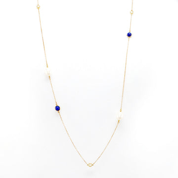Elsa Peretti Diamonds By The Yard 13 Station Necklace 18K Yellow Gold with Diamonds and Pearls with Lapis Lazuli
