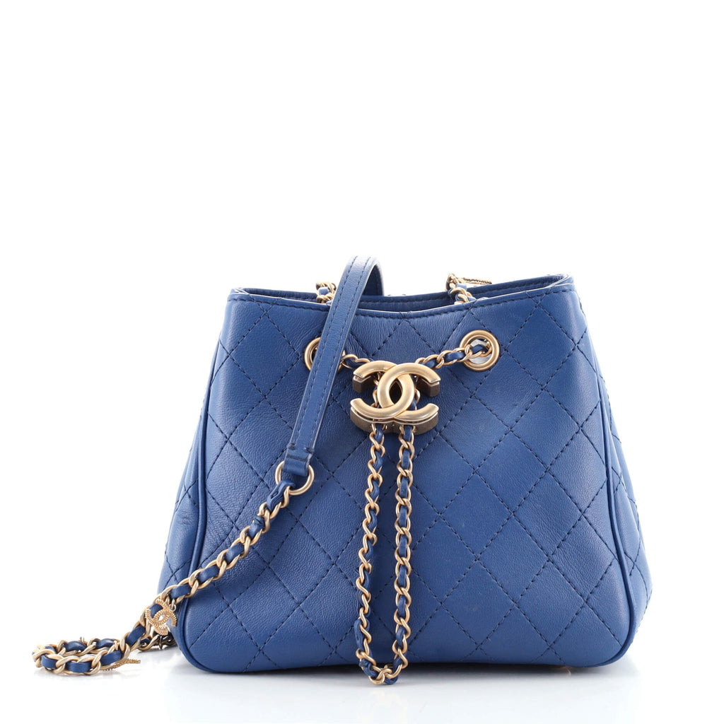Chanel Egyptian Amulet Drawstring Bucket Bag Stitched Calfskin Small Blue  1000061