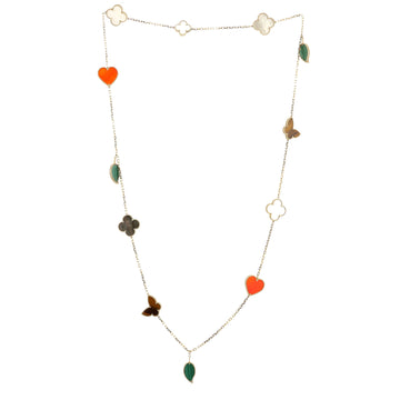 Van Cleef & Arpels Lucky Alhambra 12 Motifs Necklace 18K Yellow Gold with Carnelian, Malachite, Mother of Pearl and Tiger Eye