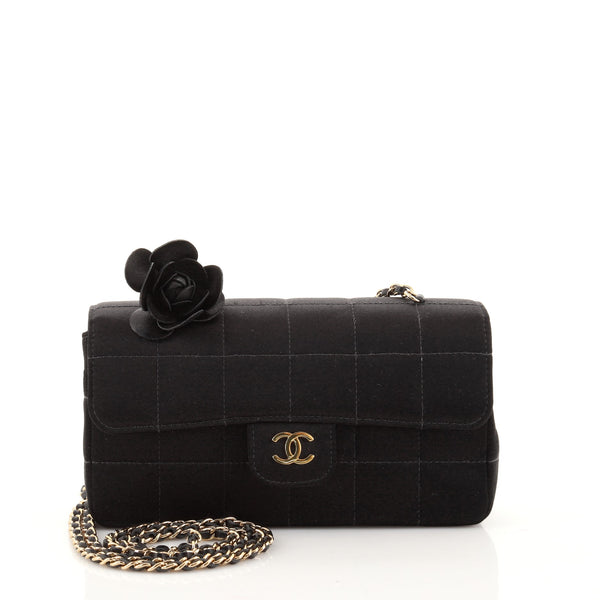 Chanel Camellia Chocolate Bar Flap Bag Quilted Satin Mini Black 1000435