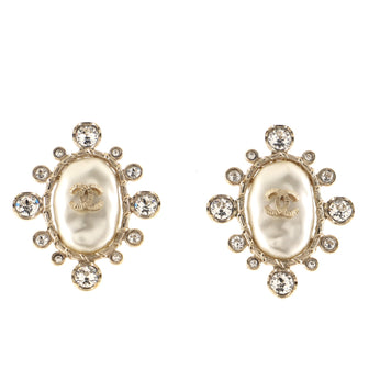 Chanel Oval Framed CC Cluster Clip-On Earrings Metal with Faux Pearls and Crystals