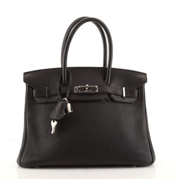 Hermes Birkin Handbag Black Clemence with Palladium Hardware 30