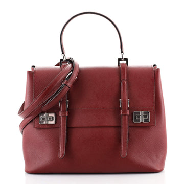 Prada Half Flap Double Turn Lock Satchel Saffiano Leather Large