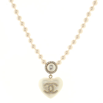 Chanel CC Heart Pendant Necklace Faux Pearls with Metal and Crystals