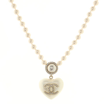 Chanel CC Heart Pendant Necklace Faux Pearls with Metal and Crystals