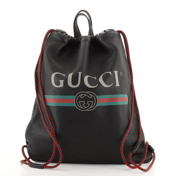 Gucci Logo Drawstring Backpack Printed Leather Large