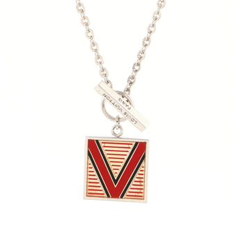 Louis Vuitton V Logo Square Pendant Necklace Sterling Silver with Enamel 