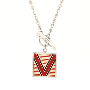 Louis Vuitton V Logo Square Pendant Necklace Sterling Silver with Enamel 