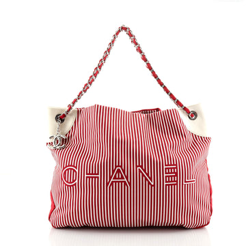 Chanel Logo Tote Striped Canvas Large