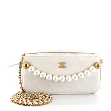Chanel Chic Pearls Double Zip Clutch with Chain Quilted Lambskin