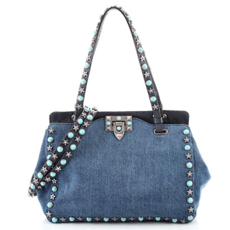 Valentino Rolling Rockstud Tote Denim with Cabochons Small