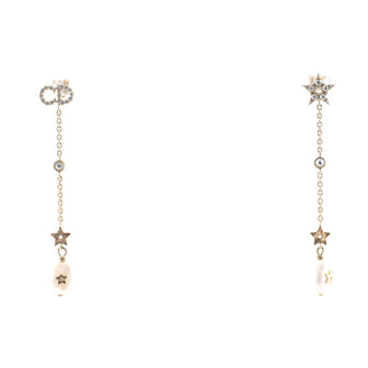 Christian Dior CD Shiny-D Drop Earrings Metal with Crystals and Faux Pearls Long