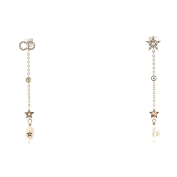 Christian Dior CD Shiny-D Drop Earrings Metal with Crystals and Faux Pearls Long