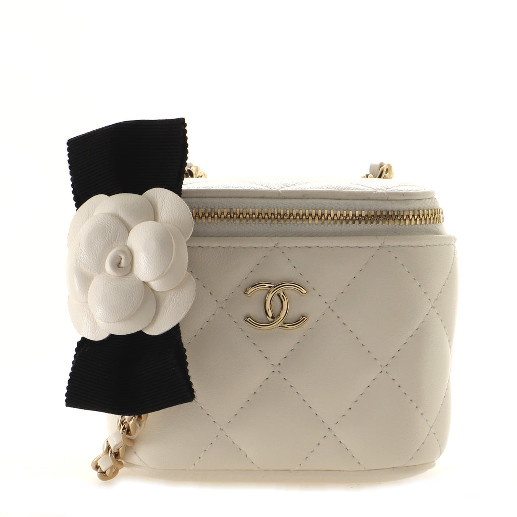 Chanel Camellia Bow Vanity Case with Chain Quilted Lambskin Mini White  1009461