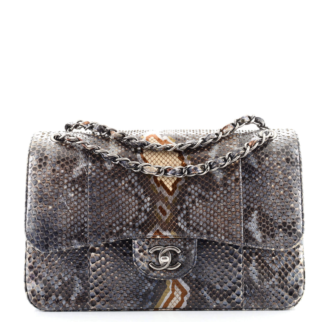 Chanel Classic Double Flap Bag Python Jumbo Blue 1010711