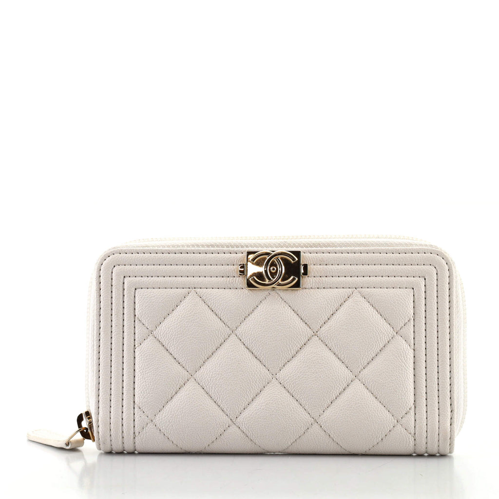 Chanel Boy Zip Around Wallet Quilted Caviar Small White 1011361