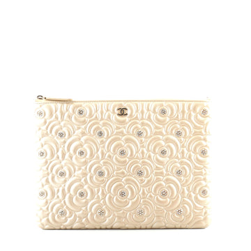 Chanel O Case Clutch Studded Camellia Lambskin Medium