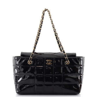 CHANEL Patent Chocolate Bar Quilted Tote Black 202945