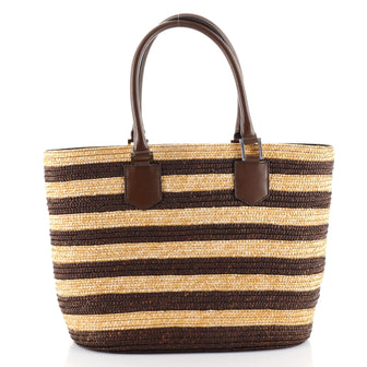 Fendi Drawstring Basket Tote Raffia with Printed Canvas Interior