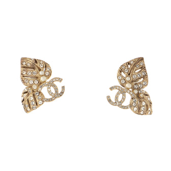 Chanel CC Leaf Stud Earrings Metal with Crystals and Faux Pearls