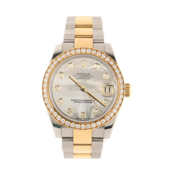 Rolex Oyster Perpetual Datejust Automatic Watch Stainless Steel and Yellow Gold with Diamond Bezel and Markers and Mother of Pearl 31