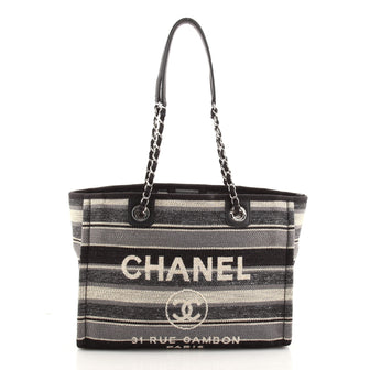 Chanel Deauville Tote Canvas with Striped Detail Small Blue 1020824