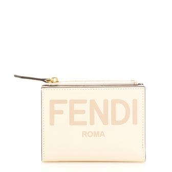 Fendi Logo Bifold Card Case Wallet Embossed Leather Small