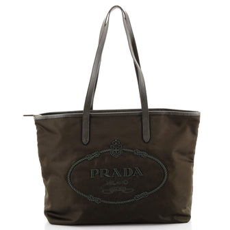 Prada Logo Shopper Tote Embroidered Tessuto and Saffiano Leather