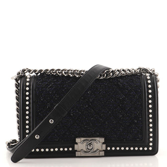 Chanel Boy Flap Bag Quilted Tweed with Pearl Embellished Calfskin Old Medium