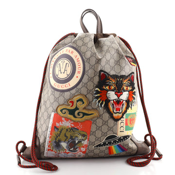 Gucci Courrier Soft Drawstring Backpack GG Coated Canvas with Applique Medium