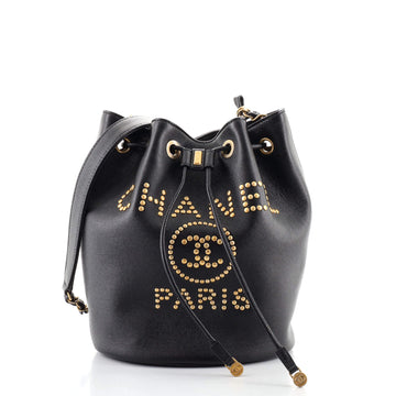 Chanel Deauville Drawstring Bucket Bag Studded Caviar Medium