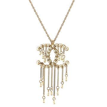 Chanel CC Fringe Pendant Necklace Faux Pearl Embellished Metal