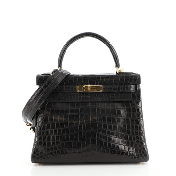 Hermes Kelly Handbag Black Shiny Niloticus Crocodile with Gold Hardware 28