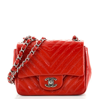 Chanel Square Classic Single Flap Bag Chevron Patent Mini