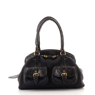 Christian Dior Vintage Double Pocket Bowler Bag Canvas with Python Medium