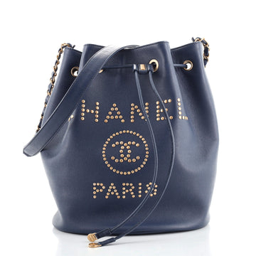 Chanel Deauville Drawstring Bucket Bag Studded Caviar Medium
