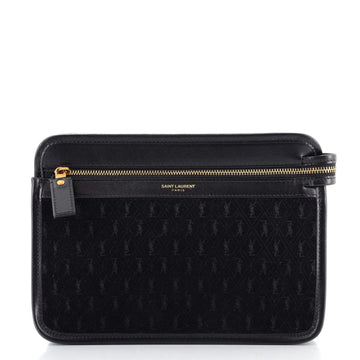 Saint Laurent Front Zip Document Case Monogram Printed Suede Small