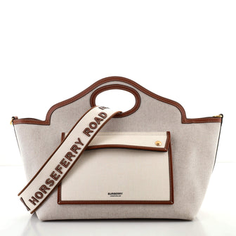 Burberry Soft Pocket Tote Canvas with Leather Medium